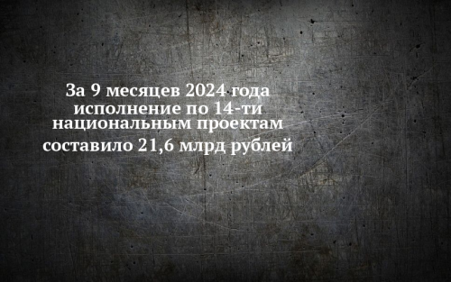 За 9 месяцев 2024 года исполнение по 14-ти национальным проектам составило 21,6 млрд рублей